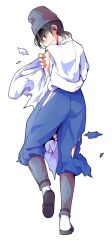 1boy black_hair black_hat black_sandals blue_pants dairi full_body gloom_(expression) hat highres holding_own_arm japanese_clothes kimono large_variant_set long_sleeves looking_at_viewer male_focus pants parted_lips profile red_eyes sandals shingyoku_(male) shingyoku_(touhou) short_hair sideways_glance simple_background solo standing standing_on_one_leg sweatdrop tachi-e tate_eboshi torn_clothes torn_pants touhou touhou_(pc-98) transparent_background variant_set white_kimono