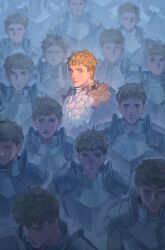 6+boys absurdres armor blonde_hair blue_background chinese_commentary clone closed_mouth commentary_request dungeon_meshi highres laios_touden le_0062 looking_at_viewer looking_back male_focus multiple_boys odd_one_out pauldrons pelt short_hair shoulder_armor too_many_clones undercut upper_body very_short_hair yellow_eyes