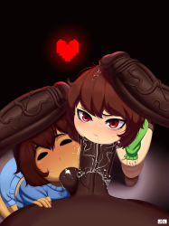 2girls 3boys androgynous ass bent_over black_eyes blush brown_hair chara_(undertale) cum cum_on_hair dark-skinned_male dark_skin fellatio frisk_(undertale) heart highres interracial jlullaby kneeling large_penis looking_at_viewer multiple_boys multiple_girls oral penis penis_on_head red_eyes saliva short_hair shorts snot sweat testicle_sucking thick_thighs thighs uncensored undertale