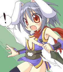 ! 1girl 2000s_(style) animal_ears black_sash black_thighhighs blue_dress blush brown_sash commentary_request cowboy_shot dagger dress green_background grey_hair holding holding_dagger holding_knife holding_weapon knife kunai loli lowres ninja ninja_(ragnarok_online) nipples no_panties obi obijime oekaki open_mouth orange_eyes pussy rabbit_ears ragnarok_online red_scarf reverse_grip sash scarf shirokuro_(lapinnoir) short_dress short_hair sleeveless sleeveless_dress solo spoken_exclamation_mark thighhighs torn_clothes torn_dress torn_scarf uncensored vambraces weapon