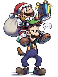 ... 2boys alternate_costume antlers blue_overalls boots brothers brown_footwear brown_hair brown_tail carrying christmas deer_antlers deer_tail facial_hair fake_tail full_body gift gloves green_shirt hat highres holding holding_gift holding_sack horns jacket luigi mario mario_&amp;_luigi_rpg mario_(santa) mario_(series) mario_kart mario_kart_tour masanori_sato_(style) multiple_boys mustache nintendo overalls pants piggyback red_jacket red_pants red_socks sack santa_hat shirt short_hair siblings simple_background socks speech_bubble striped_clothes striped_socks tail uninterested white_background white_gloves white_socks ya_mari_6363 yoshi yoshi_(reindeer)