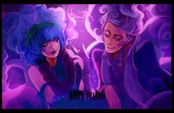 1boy 1girl 8-foot_joe animification blue_fire blue_hair blue_lips bow bowtie closed_mouth disneyland fiery_hair fire formal_clothes gloves kyou_o lipstick long_sleeves looking_at_viewer makeup ms._hades multicolored_hair purple_hair short_hair streaked_hair suit