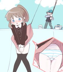 1boy 1girl :d animal black_shirt black_thighhighs blue_eyes blue_hat blue_panties blue_sky blush brown_hair cat clothes_lift cloud collared_shirt commentary_request commission constricted_pupils cooler covering_crotch covering_privates dot_nose dress_shirt embarrassed fish fish_hook fishing_rod from_behind grey_pants hat holding holding_animal holding_fish holding_fishing_rod long_sleeves medium_hair multiple_views open_mouth original panties pants pink_skirt ponytail sarada_(meaf3748) shirt short_hair sidelocks skeb_commission skirt skirt_flip skirt_lift skirt_tug sky smile solo_focus striped_clothes striped_panties surprised sweat tareme thighhighs trefoil triangle_mouth underwear utility_vest v-shaped_eyebrows very_short_hair vest white_panties wide-eyed