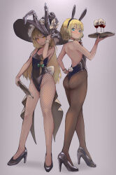 2girls absurdres alice_margatroid animal_ear_hairband animal_ears ass bare_shoulders black_leotard blonde_hair blue_eyes blush bow bowtie braid breasts cleavage covered_navel cup dedemaru detached_collar drinking_glass fake_animal_ears fake_tail fishnet_pantyhose fishnets from_behind green_bow grey_background hair_bow hairband hat hat_bow high_heels highleg highleg_leotard highres holding holding_plate kirisame_marisa large_hat leotard long_hair multiple_girls pantyhose plate playboy_bunny rabbit_ear_hairband rabbit_ears rabbit_tail simple_background single_braid strapless strapless_leotard tail touhou white_bow white_wrist_cuffs wine_glass witch_hat wrist_cuffs yellow_eyes