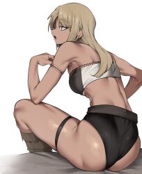 Rule 34 | 1girl, armlet, ass, bare shoulders, breasts, brown hair, from behind, green eyes, highres, jewelry, medium breasts, medium hair, monster hunter (character), monster hunter (series), open mouth, simple background, sitting, solo, thigh strap, thighs, urec, white background