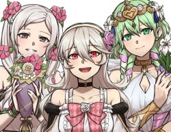 3girls :d alternate_costume alternate_hairstyle bare_shoulders black_choker bouquet braid breasts brown_eyes choker cleavage closed_mouth female_corrin_(fire_emblem) cosplay double-parted_bangs dress elise_(fire_emblem) elise_(fire_emblem)_(cosplay) elise_(valentine)_(fire_emblem) female_byleth_(enlightened)_(fire_emblem) female_byleth_(fire_emblem) female_robin_(fire_emblem) female_robin_(valentine)_(fire_emblem) fire_emblem fire_emblem:_three_houses fire_emblem_awakening fire_emblem_fates fire_emblem_heroes flower green_eyes green_hair hair_between_eyes hair_flower hair_ornament highres holding holding_bouquet large_breasts light_blush long_hair looking_at_viewer medium_breasts multicolored_hair multiple_girls nintendo official_alternate_costume open_mouth pink_hair red_eyes simple_background smile sothis_(aura_of_love)_(fire_emblem) sothis_(fire_emblem) sothis_(fire_emblem)_(cosplay) tiara tongue twin_braids twintails two-tone_hair upper_body white_background white_flower white_hair zuzu_(ywpd8853)