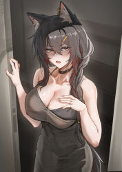 1girl absurdres animal_ears arknights bare_shoulders black_dress black_hair blush braid breasts brown_eyes choker cleavage dress earrings glaring hair_ornament hairclip highres jewelry knight_fault long_hair multicolored_hair red_hair texas_(arknights) textless_version two-tone_hair wolf_ears