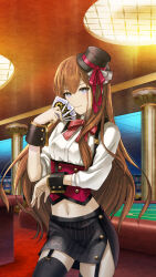 1girl archived_source black_hat black_skirt black_thighhighs black_wrist_cuffs blue_eyes bodice bow brown_hair buttons card closed_mouth collared_shirt cowboy_shot game_cg garter_straps hair_between_eyes hat highres holding holding_card huke indoors long_hair looking_at_viewer makise_kurisu mini_hat mini_top_hat navel official_art red_bow shirt side_slit skirt smile solo steins;gate striped_clothes striped_skirt thighhighs third-party_source top_hat vertical-striped_clothes vertical-striped_skirt white_shirt wrist_cuffs