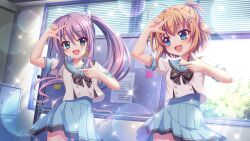 2girls :d ahoge aqua_eyes arm_up billboard black_bow blue_eyes blue_sailor_collar blue_skirt blush bow breasts cowboy_shot day diagonal-striped_bow dot_nose dutch_angle film_grain game_cg hair_ornament hair_ribbon hairclip hand_up high_side_ponytail indoors izumi_tsubasu lens_flare long_hair looking_at_another marehoshi_academy_school_uniform multiple_girls non-web_source official_art open_mouth orange_hair purple_hair re:stage! ribbon sailor_collar school_uniform serafuku shikimiya_mana short_hair sidelocks skirt small_breasts smile sparkle tsukisaka_sayu white_ribbon window window_blinds