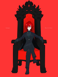 1girl :3 :q absurdres alternate_costume ange_katrina arm_rest black_gloves black_jacket black_pants black_shoes black_socks black_suit black_vest blue_eyes character_name collared_shirt commentary_request crossed_bangs crossed_legs ebitennnn formal_clothes full_body gloves green_necktie grey_shirt hair_between_eyes hair_intakes highres jacket lapels long_bangs long_sleeves looking_at_viewer necktie nijisanji notched_lapels open_clothes open_jacket pants partial_commentary red_background red_hair shirt shoes short_hair simple_background sitting sitting_on_throne socks solo split_mouth straight-on suit suit_jacket thick_outlines throne tongue tongue_out vest virtual_youtuber waistcoat