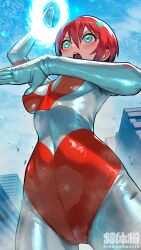 Rule 34 | 1girl, amate yuzuriha, aqua eyes, blue sky, blush, bodysuit, breasts, cameltoe, cloud, cloudy sky, day, from below, giant, giantess, gundam, gundam gquuuuuux, hair between eyes, highres, multicolored bodysuit, nikunopengin, open mouth, outdoors, red hair, short hair, skin tight, sky, solo, standing, ultraman, ultraman (shin)