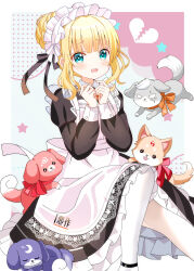 absurdres alternate_species animal apron black_dress blonde_hair blue_eyes blush braid broken_heart commentary_request crescent dog dress feet_out_of_frame frilled_dress frilled_hairband frills gochuumon_wa_usagi_desu_ka? hair_bun hairband hands_up heart highres hitodama juliet_sleeves kirima_syaro knee_up lace-trimmed_apron lace_trim long_sleeves looking_at_viewer maid maid_apron open_mouth own_hands_together pantyhose puffy_sleeves ryoutan star_(symbol) wavy_mouth white_apron white_hairband white_pantyhose wild_geese