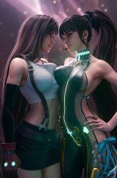 2girls 3d bare_shoulders black_hair black_skirt bodysuit breast_press breasts brown_eyes crop_top earrings elbow_gloves eve_(stellar_blade) final_fantasy final_fantasy_vii gloves hand_on_own_hip highres impossible_clothes jewelry large_breasts long_hair looking_at_another low-tied_long_hair midriff multiple_girls ponytail prototype_planet_diving_suit_(stellar_blade) red_eyes shift_up sideboob sideless_outfit skin_tight skirt sreliata stellar_blade suspenders tank_top tifa_lockhart very_long_hair
