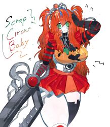 1girl blonde_hair blue_hair breasts circus_baby_(fnaf) claws destroyed five_nights_at_freddy&#039;s freddy_fazbear&#039;s_pizzeria_simulator frilled_skirt frills green_eyes hand_on_own_head highres large_breasts looking_at_viewer messy_hair metal midriff multicolored_hair orange_hair red_skirt robot robot_girl scrap_baby skirt streaked_hair thick_thighs thighs togetoge white_hair wide_hips wire