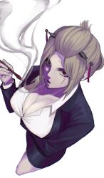 1girl alternate_costume arm_under_breasts black_jacket black_skirt blonde_hair booozu_0 breasts commentary commentary_request folded_ponytail formal_clothes from_above gintama hair_ornament highres holding holding_smoking_pipe jacket kiseru large_breasts looking_at_viewer office_lady pencil_skirt purple_eyes sai_(weapon) scar scar_on_face shirt skirt smoke smoking smoking_pipe solo suit tsukuyo_(gintama) weapon white_background white_shirt