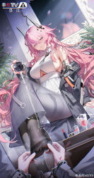 1girl absurdres arknights bare_shoulders black_horns black_jacket black_pantyhose blush breasts chinese_commentary chromatic_aberration clothes_down clothing_cutout commentary_request crossed_legs cuffs cup dress drinking_glass dutch_angle hair_between_eyes handcuffs headgear highres holding holding_cup horns huade_xiami indoors jacket large_breasts logo long_hair looking_at_viewer no_shoes pantyhose pink_eyes pink_hair pouring pouring_onto_self pov pov_hands reflection see-through_clothes see-through_skirt sideboob sitting skirt smirk solo theresa_(arknights) underboob_cutout very_long_hair white_dress