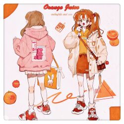 2girls bag belt_buckle blush_stickers border bow bowtie brown_bag brown_eyes brown_hair buckle buttons chinese_commentary coat collarbone commentary_request drinking_straw english_text eyelashes fashion finger_to_own_chin fingernails food footwear_bow from_behind fruit full_body hair_bobbles hair_ornament hair_over_shoulder hand_up heart heart_print highres hood hood_down hooded_jacket hoodie jacket juice juice_box lace_bow layered_sleeves long_hair long_sleeves looking_at_viewer loose_hair_strand miniskirt multiple_girls one_side_up open_clothes open_coat open_mouth orange_(fruit) orange_bag orange_hoodie orange_juice orange_skirt orange_sleeves orange_slice orange_theme original pink_bow pink_bowtie pink_jacket poster_(object) puffy_long_sleeves puffy_sleeves putong_xiao_gou rabbit red_shoes shoes shopping_bag shoulder_bag single_strap skirt sleeves_past_wrists sneakers socks tape teeth upper_teeth_only white_background white_border white_bow white_coat white_sleeves white_socks