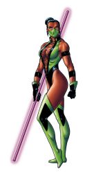 1girl black_hair bo_staff boots breasts brown_hair center_opening dark-skinned_female dark_skin earrings female_focus gloves green_boots green_theme hair_bun huge_breasts jade_(mortal_kombat) jewelry john_tobias lace_up_front_top large_breasts looking_at_viewer mask midway midway_games mortal_kombat_(series) mortal_kombat_trilogy mouth_mask muscular ninja ninja_mask official_art quarterstaff simple_background single_hair_bun solo staff standing thigh_boots thighhighs warrior white_background