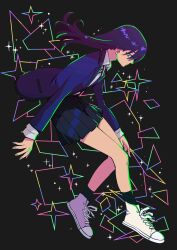 1girl black_background black_hair black_skirt black_socks blue_jacket collared_shirt commentary cross_tie from_side full_body green_eyes gundam gundam_gquuuuuux highres jacket long_hair looking_at_viewer looking_to_the_side nyaan_(gundam_gquuuuuux) pleated_skirt shirt shoes skirt sneakers socks solo sparkle takafumi_696 white_shirt white_shoes