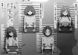 4girls blush breasts character_name closed_mouth collarbone cuffs greyscale handcuffs hayami_kanade head_tilt highres holding idolmaster idolmaster_cinderella_girls large_breasts long_hair monochrome mugshot multiple_girls nameplate nipple_piercing nipples nitta_minami nude parted_bangs parted_lips photo_(object) piercing pov sagisawa_fumika short_hair sweat takagaki_kaede translation_request upper_body yoshimoto_(carpsukidayo)