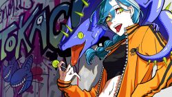 1girl black_shirt blue_hair braid braided_ponytail candy creature creature_on_shoulder crop_top dragon food graffiti green_eyes highres holding holding_candy holding_food holding_lollipop jacket lollipop long_hair looking_at_viewer momomo_906 on_shoulder open_clothes open_jacket orange_jacket original shirt solo tongue tongue_out upper_body wyvern