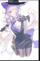1girl blue_eyes breasts cape detective_(silver_palace) female_focus hat hotpants long_hair looking_at_viewer narrow_waist purple_hair red_pupils rough_sketch silver_palace sketch smile solo solo_focus thick_thighs thighhighs thighs white_background
