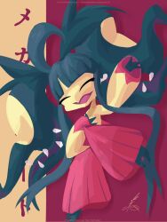 1other closed_eyes colored_skin gen_3_pokemon highres mawile mega_mawile mega_pokemon nintendo open_mouth pokemon pokemon_(creature) red_background sharp_teeth signature smile solo teeth thatonehaxorus two-tone_background watermark wide_sleeves yellow_background yellow_skin