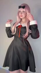 animated black_bow blue_eyes bow breasts cosplay dancing fujiwara_chika fujiwara_chika_(cosplay) kaguya-sama_wa_kokurasetai_~tensai-tachi_no_renai_zunousen~ large_breasts lolichkaaaaa long_hair long_sleeves pink_hair real_life school_uniform tagme video
