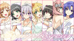 6+girls ahoge akatsuki_kirika bare_shoulders black_hair blonde_hair blush breasts cleavage dress flower gloves hair_between_eyes hair_ornament hairclip kanna_(plum) kazanari_tsubasa kohinata_miku large_breasts light_purple_hair long_hair looking_at_viewer low_twintails maria_cadenzavna_eve medium_breasts multiple_girls open_mouth orange_eyes painttool_sai_(medium) purple_eyes senki_zesshou_symphogear shiny_skin smile tachibana_hibiki_(symphogear) tsukuyomi_shirabe twintails twitter_username x_hair_ornament yukine_chris