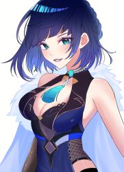 1girl absurdres backless_dress backless_outfit bare_shoulders blue_eyes blue_hair blue_lips braid breasts cleavage diagonal_bangs dice dress genshin_impact highres hotaboshi_yazuki lipstick looking_at_viewer makeup medium_breasts pearl_choker short_hair single_braid smile solo tassel teeth yaduki100 yelan_(genshin_impact)