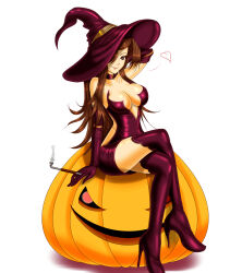 1girl breasts brown_eyes brown_hair choker crossed_legs deneb_rove dress full_body hat heart high_heels highres holding holding_smoking_pipe iforher large_breasts long_hair looking_at_viewer messy_hair pumpkin purple_choker purple_dress purple_hat purple_thighhighs red_eyes sitting smile smoking_pipe solo tactics_ogre thighhighs white_background witch_hat