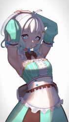 1girl absurdres ahoge apron armpits arms_up black_bow black_bowtie blue_eyes bow bowtie breasts center_frills closed_mouth commentary detached_collar detached_sleeves dress english_commentary frilled_apron frilled_dress frilled_sleeves frills gradient_hair green_dress green_hair hair_intakes hair_ornament hair_tie hair_tie_in_mouth highres indie_virtual_youtuber long_hair long_sleeves looking_at_viewer maid making-of_available mint_fantome mint_fantome_(minto_2.0) mouth_hold multicolored_hair ponytail red_pupils simple_background sioell small_breasts solo tying_hair virtual_youtuber waist_apron white_apron white_background white_hair x_hair_ornament