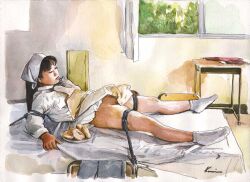 Rule 34 | 1girl, bdsm, black hair, bondage, bound, bound arms, bound legs, donut, dress, food, indoors, kanai kiyoaki, long hair, lying, no panties, nurse, on back, on table, original, restrained, socks, table, traditional media, white dress, white headwear, white socks
