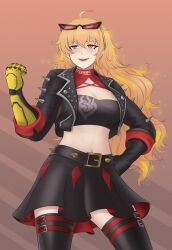 1girl absurdres ahoge alavastircloud black_jacket black_thighhighs black_tube_top blonde_hair breasts burnice_white burnice_white_(cosplay) cleavage cosplay crop_top crossover eyewear_on_head gloves heterochromia highres jacket large_breasts long_hair prosthesis prosthetic_arm purple_eyes red-tinted_eyewear red_eyes rwby smile solo spiked_belt spiked_jacket strapless sunglasses thighhighs tinted_eyewear tube_top yang_xiao_long zenless_zone_zero