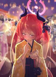 Rule 34 | 1girl, black hakama, black horns, blue archive, blurry, blurry background, blush, bokeh, crowd, demon horns, demon wings, depth of field, eating, festival, floral print, food, food on face, hakama, hakama skirt, halo, highres, holding, holding food, horns, japanese clothes, junko (blue archive), junko (new year) (blue archive), kimono, kinchaku, long hair, long sleeves, low wings, matsumoto yutaka, night, nose blush, official alternate costume, open mouth, outdoors, pouch, red eyes, red hair, skirt, solo, solo focus, summer festival, twintails, wide sleeves, wings, yellow kimono, yukata