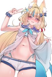 1girl :3 acedia ahoge animal_ear_fluff animal_ears bikini bikini_under_clothes blonde_hair blue_bikini blue_bow blue_eyes blue_hair blue_sailor_collar blunt_bangs blush bow cat_ears commentary dress english_commentary fang fins fish_girl fish_tail frilled_bikini frilled_sailor_collar frills front_slit hair_bow hand_up heart heart-shaped_pupils highleg highleg_bikini highres indie_virtual_youtuber lifebuoy_hair_ornament long_hair looking_at_viewer low_twintails multicolored_hair navel one_side_up paid_reward_available sailor_collar sailor_dress sameko_saba scrunchie short_shorts shorts side-tie_bikini_bottom simple_background sleeveless sleeveless_dress solo streaked_hair striped_bikini striped_clothes swimsuit symbol-shaped_pupils tail twintails v very_long_hair virtual_youtuber white_background white_dress white_hair white_shorts wrist_scrunchie