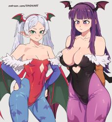 2girls absurdres animal_print artist_name bare_shoulders bat_print bat_wings black_leotard blue_pantyhose blunt_bangs breasts closed_mouth clothing_cutout cosplay darkstalkers dashi_(dashiart) diamond_cutout elf fern_(sousou_no_frieren) frieren fur-trimmed_leotard fur_trim green_eyes head_wings heart_cutout highleg highleg_leotard highres large_breasts leotard lilith_(darkstalkers) lilith_(darkstalkers)_(cosplay) long_hair looking_at_viewer morrigan_aensland morrigan_aensland_(cosplay) multiple_girls off-shoulder_leotard pantyhose parted_bangs patreon_username pointy_ears print_pantyhose purple_eyes purple_hair purple_pantyhose red_leotard small_breasts sousou_no_frieren twintails watermark web_address white_hair wings