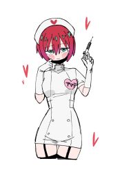1girl amate_yuzuriha aqua_eyes black_thighhighs blush dress gloves gundam gundam_gquuuuuux heart highres holding holding_syringe light_smile looking_at_viewer mask mouth_mask nurse red_hair sabi1234 short_hair simple_background solo syringe thigh_strap thighhighs white_background white_dress white_gloves