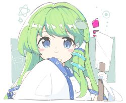 2girls bare_shoulders blue_eyes blush c: chibi closed_mouth collared_shirt detached_sleeves frog_hair_ornament gohei green_hair hair_intakes hair_ornament hair_tubes hat holding holding_gohei kochiya_sanae long_sleeves moriya_suwako multiple_girls nazawa_(nother) ribbon shirt single_hair_tube single_sidelock smile snake_hair_ornament star_(symbol) touhou two-tone_background upper_body wide_sleeves