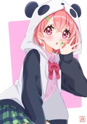 1girl ahoge animal_hood black_hoodie blush bow bowtie collared_shirt earrings fingernails green_nails green_skirt hair_behind_ear hair_ornament hairclip highres hood hoodie jewelry long_sleeves looking_at_viewer medium_hair multicolored_hair nail_polish nijisanji octopus_earrings ok_sign open_mouth panda_hood pink_background pink_bow pink_bowtie pink_eyes pink_hair pink_shirt plaid_clothes plaid_skirt sasaki_saku sasaki_saku_(1st_costume) shirt skirt solo streaked_hair tachibana_sora two-tone_background two-tone_hair two-tone_hoodie virtual_youtuber white_background white_hoodie