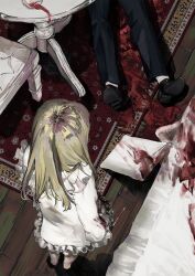 1boy 1girl absurdres alcohol black_footwear black_pants blonde_hair blood blood_on_clothes bloody_weapon chair child commentary corpse cup dress dress_shoes drinking_glass frilled_dress frills from_above from_behind highres ice_pick iyuru_kuroneko long_hair murder original pants pillow rug shoes standing weapon white_dress wine wine_glass wooden_floor