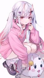 1girl 1other :t bandaid bandaid_on_finger choker collarbone cuffs ear_piercing hair_ribbon handcuffs highres holding holding_handcuffs holding_knife hololive horns knife multicolored_hair nakiri_ayame oni piercing poyoyo_(nakiri_ayame) red_eyes red_hair ribbon skin-covered_horns squatting streaked_hair tearing_up twintails white_hair yagura_(yagura_aaaok)