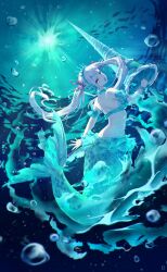 1girl absurdres air_bubble black_clover bubble grey_hair hair_ribbon highres holding holding_polearm holding_weapon lance mermaid monster_girl noelle_silva open_mouth polearm purple_eyes purple_ribbon ribbon slacky_y solo twintails underwater water weapon