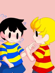 2boys awkward backpack bag bent_over black_hair blonde_hair blush child elementary_schoolboy embarrassed hat imminent_penetration licking_finger lucas_(mother_3) lying mother_(series) mother_2 mother_3 mrsksigure multiple_boys nervous ness_(mother_2) nintendo shirt shorts shota smile socks super_smash_bros. sweat sweatdrop wavy_mouth yaoi