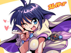 1girl amelia_wil_tesla_seyruun aqua_boots artist_name belt bent_over black_belt black_hair blue_eyes blush boots bracelet breasts breasts_squeezed_together cape dress happy jewelry large_breasts logo looking_at_viewer medium_breasts parted_lips purple_cape short_hair simple_background slayers smile solo title tukiwani two-tone_cape v white_background witch yellow_cape yellow_dress