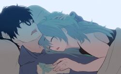 Rule 34 | 1boy, 1girl, absurdres, antonina (neural cloud), aqua hair, black hair, black shirt, blanket, blue shirt, box, closed eyes, drooling, girls&#039; frontline, girls&#039; frontline neural cloud, glasses, hand on another&#039;s head, hetero, highres, jewelry, long hair, lying, open mouth, professor (neural cloud), ring, ryunosuke nikaido, saliva, shirt, short hair, sleeping, tank top, upper body, wedding ring