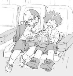 aged_down backpack bag blush boku_no_hero_academia bones_(company) burn_scar child cup curly_hair disposable_cup eating food freckles highres legs messy_hair midoriya_izuku movie_theater multicolored_hair popcorn scar shirt shors short_hair shorts shota shounen_jump sitting todoroki_shouto two-tone_hair