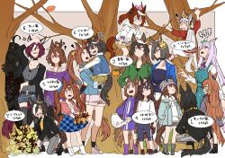 Rule 34 | !, ..., 6+girls, ?, aged down, agnes tachyon (umamusume), ahoge, air groove (umamusume), animal ears, ankle socks, anshinzawa sasami, aqua dress, aston machan (umamusume), asuka (junerabitts), autumn, beanie, black footwear, black hair, black jacket, black socks, blue eyes, blue skirt, bow, brown eyes, brown hair, brown headwear, brown shorts, casual, climbing tree, clothing cutout, collarbone, commentary request, daiwa scarlet (umamusume), drawstring, dress, duramente (umamusume), ear bow, ear chain, ear ornament, eighth note, eyeliner, eyepatch, glasses, gold ship (umamusume), grey hair, grey headwear, grey pants, hair between eyes, hair bow, hand on own head, hands in pockets, hat, headgear, holding, hood, hoodie, horse ears, horse girl, horse tail, huge ahoge, inoue honoka, inoue kikuko, jacket, kin&#039;iro ryotei (umamusume), kitasan black (umamusume), light brown hair, linked piercing, long hair, long sleeves, looking down, looking up, low ponytail, makeup, mask, mejiro mcqueen (umamusume), motion lines, mouth mask, multicolored hair, multiple girls, musical note, nakayama festa (umamusume), neck ribbon, notice lines, off-shoulder shirt, off shoulder, one eye covered, open clothes, open jacket, open mouth, orfevre (old design) (umamusume), pants, pillbox hat, pinafore dress, pink bow, pink eyes, plaid clothes, plaid skirt, ponytail, purple eyes, purple hair, purple ribbon, purple shirt, red bow, red eyeliner, red footwear, reins, ribbon, sakura bakushin o (umamusume), shirt, shoes, short hair, short shorts, shorts, skirt, sleeveless, sleeveless dress, sleeves rolled up, sneakers, socks, squatting, streaked hair, symboli rudolf (umamusume), tail, tail through clothes, tanino gimlet (umamusume), teeth, thighhighs, tiara, tokai teio (umamusume), track jacket, tsurumaru tsuyoshi (umamusume), twintails, two-tone hair, umamusume, upper teeth only, vodka (umamusume), voice actor connection, when you see it, white hair, white hoodie, yellow bow