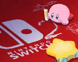 blue_eyes blush_stickers commentary crayon crayon_drawing drawing_(action) holding holding_crayon kirby kirby_(series) kirby_air_ride miclot nintendo nintendo_switch_2 no_humans solo warp_star