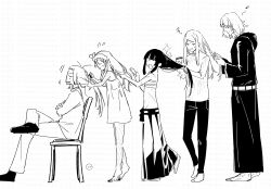 Rule 34 | 2boys, 3girls, absurdres, bare arms, bare shoulders, barefoot, braid, braiding hair, brushing another&#039;s hair, brushing hair, bushidou (sekaiju), bushidou 2 (sekaiju), chair, closed eyes, closed mouth, curse maker, curse maker 1, doctor magus, doctor magus 4, dress, etrian odyssey, figure four sitting, flying sweatdrops, from side, greyscale, hair brush, hairdressing, hakama, hakama skirt, highres, holding, holding hair brush, hood, hood down, hoodie, japanese clothes, long hair, long sleeves, monochrome, multiple boys, multiple girls, nikki kyousuke, on chair, paladin (sekaiju), paladin 2 (sekaiju), pants, ranger (sekaiju), ranger 1 (sekaiju), ribbed sweater, sarashi, scar, sitting, skirt, sleeveless, sleeveless dress, standing, sweater, tiptoes, v-shaped eyebrows, very long hair, watermark, white background, wide sleeves